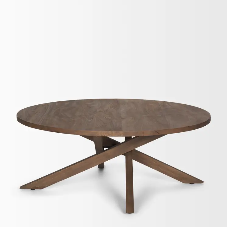 42" Brown Solid Wood Round Cross Legs Coffee Table