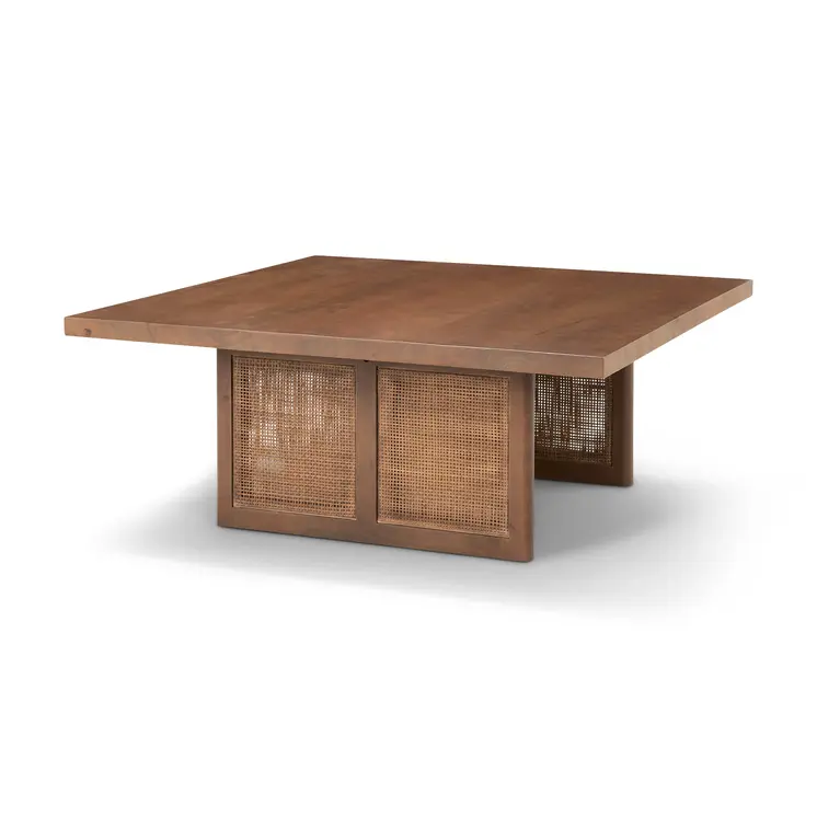 42" Brown and Natural Solid Wood and Wicker Square Double Pedestal Coffee Table
