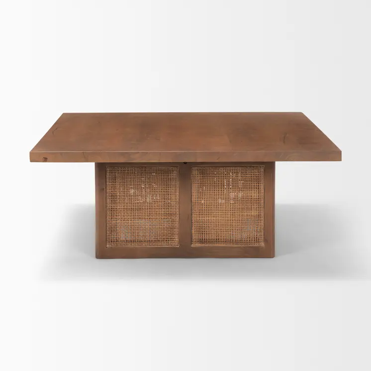 42" Brown and Natural Solid Wood and Wicker Square Double Pedestal Coffee Table