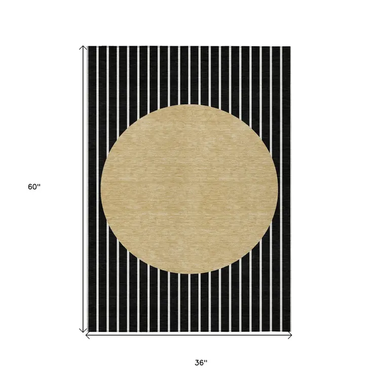 3' X 5' Black And Beige Striped Washable Indoor Outdoor Area Rug