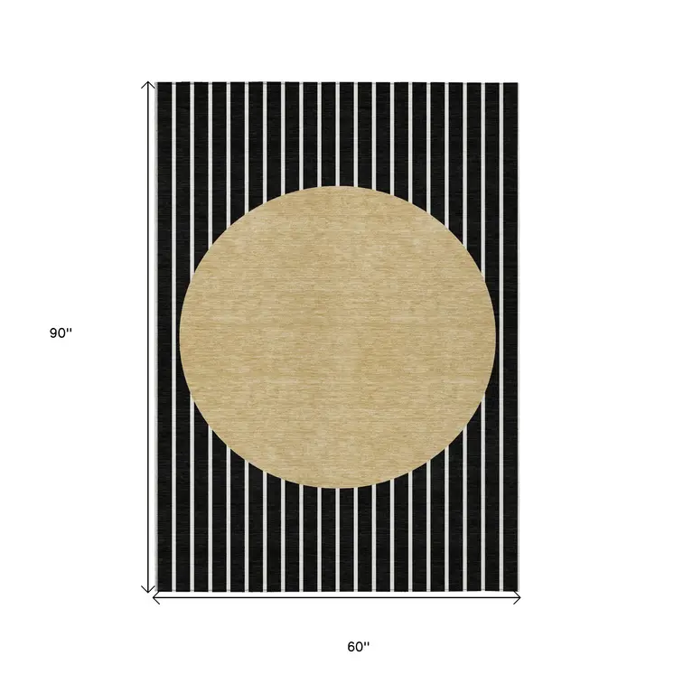 5' X 8' Black And Beige Striped Washable Indoor Outdoor Area Rug