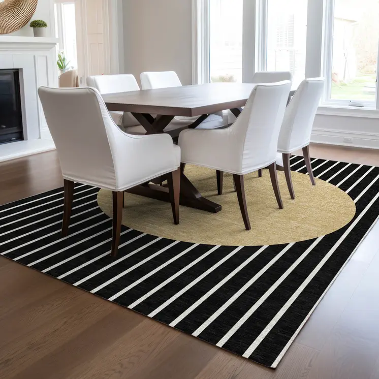 8' X 10' Black And Beige Striped Washable Indoor Outdoor Area Rug