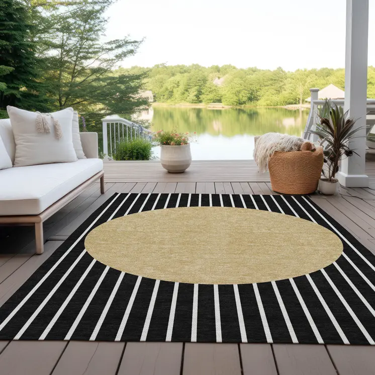 8' X 10' Black And Beige Striped Washable Indoor Outdoor Area Rug