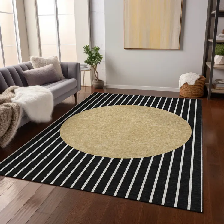 9' X 12' Black And Beige Striped Washable Indoor Outdoor Area Rug