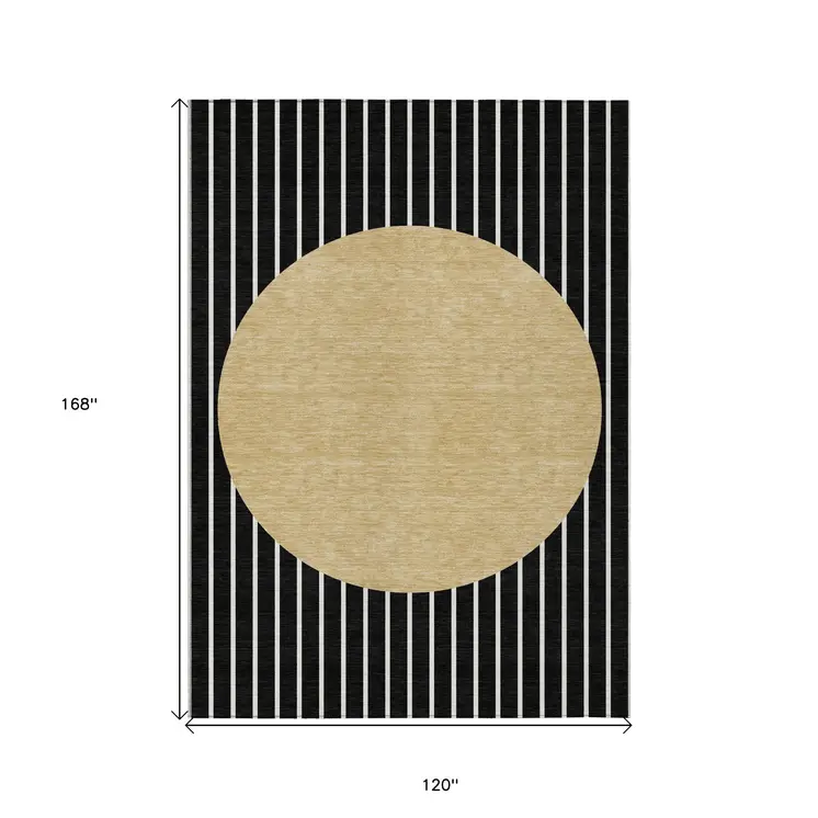 10' X 14' Black And Beige Striped Washable Indoor Outdoor Area Rug