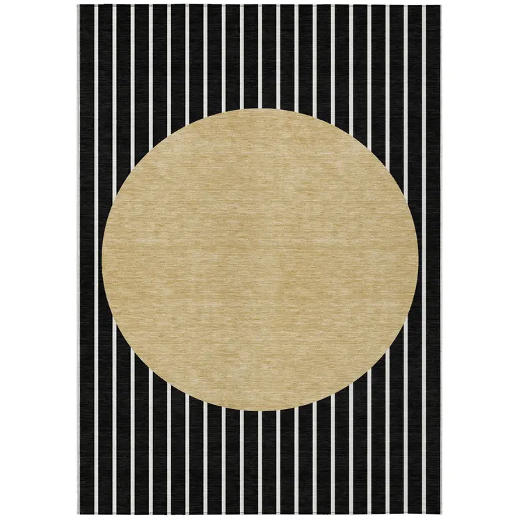 10' X 14' Black And Beige Striped Washable Indoor Outdoor Area Rug