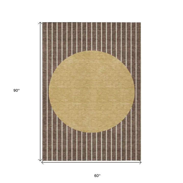 5' X 8' Brown And Beige Striped Washable Indoor Outdoor Area Rug