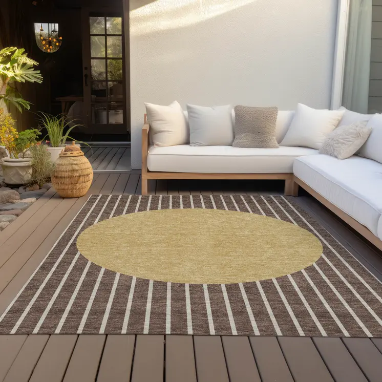 5' X 8' Brown And Beige Striped Washable Indoor Outdoor Area Rug