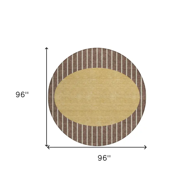 8' Brown And Beige Round Striped Washable Indoor Outdoor Area Rug