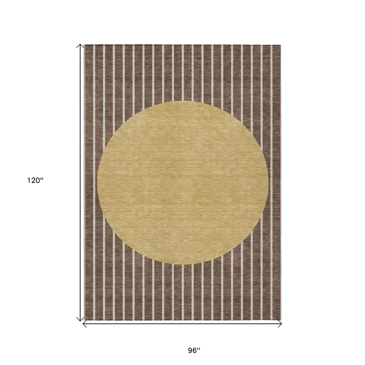 8' X 10' Brown And Beige Striped Washable Indoor Outdoor Area Rug