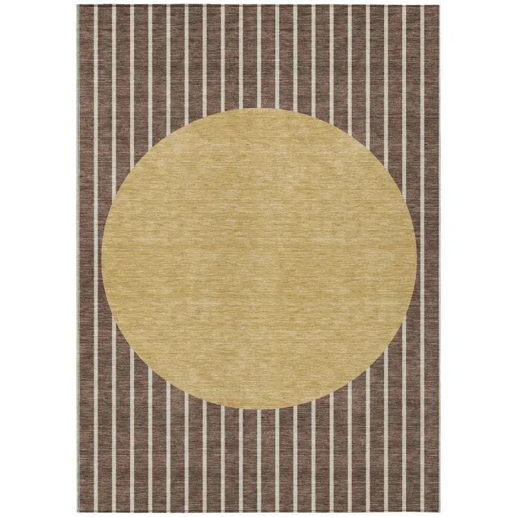 8' X 10' Brown And Beige Striped Washable Indoor Outdoor Area Rug
