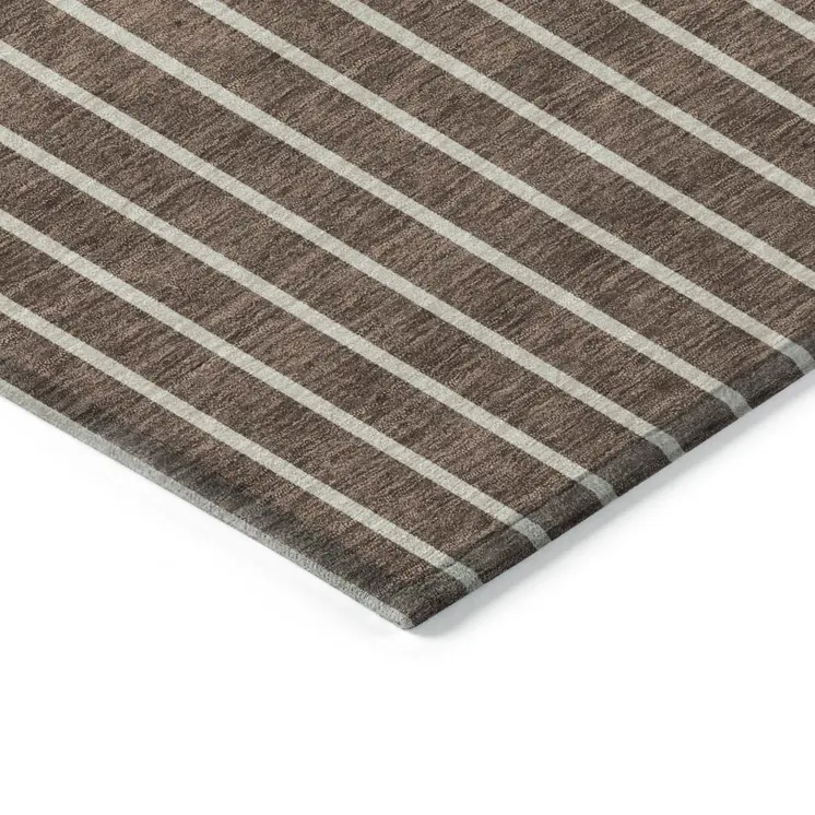 8' X 10' Brown And Beige Striped Washable Indoor Outdoor Area Rug
