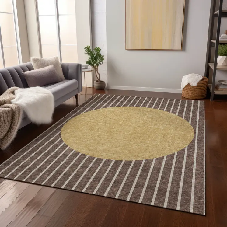 8' X 10' Brown And Beige Striped Washable Indoor Outdoor Area Rug
