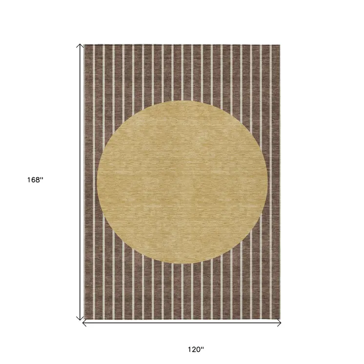 10' X 14' Brown And Beige Striped Washable Indoor Outdoor Area Rug