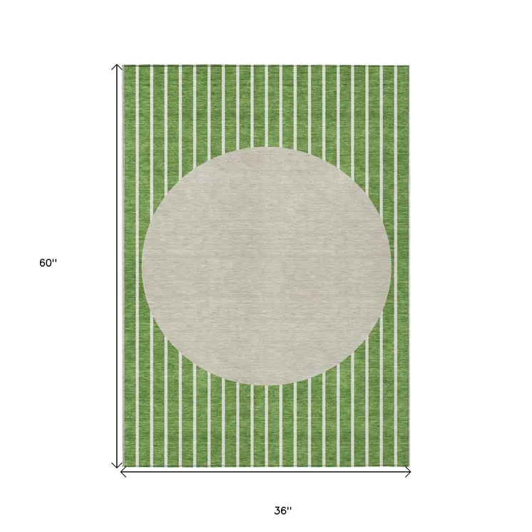 3' X 5' Green And Gray Striped Washable Indoor Outdoor Area Rug