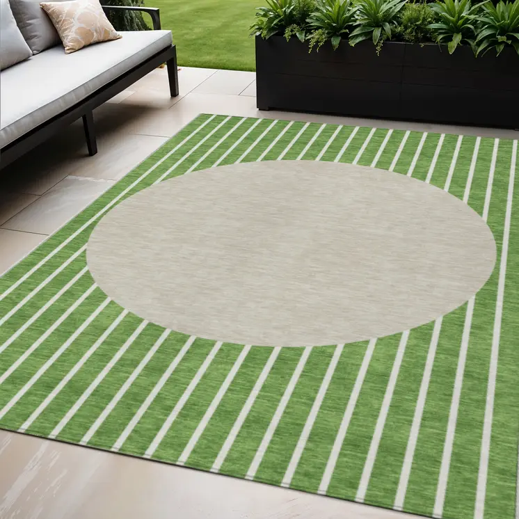 5' X 8' Green And Gray Striped Washable Indoor Outdoor Area Rug