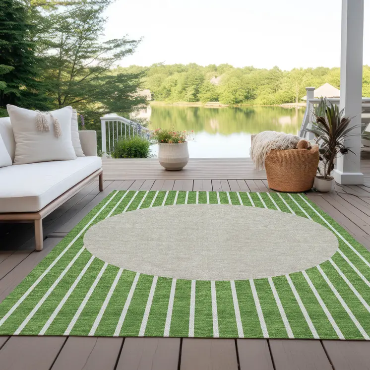 5' X 8' Green And Gray Striped Washable Indoor Outdoor Area Rug