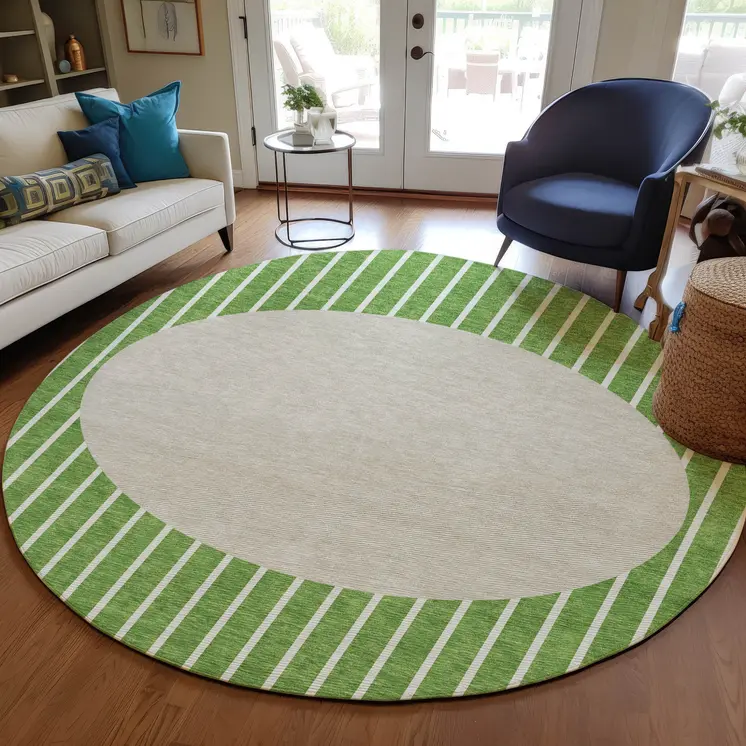 8' Green And Gray Round Striped Washable Indoor Outdoor Area Rug