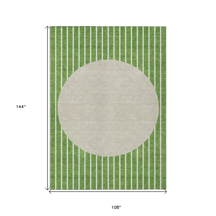 9' X 12' Green And Gray Striped Washable Indoor Outdoor Area Rug