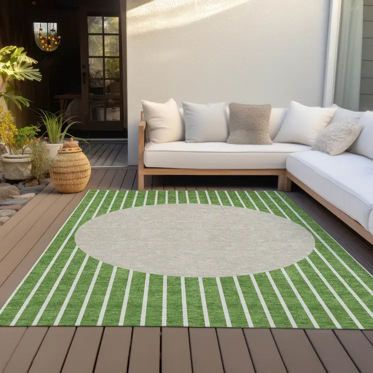 10' X 14' Green And Gray Striped Washable Indoor Outdoor Area Rug