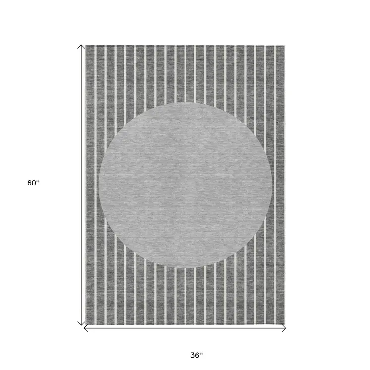 3' X 5' Gray And Ivory Striped Washable Indoor Outdoor Area Rug