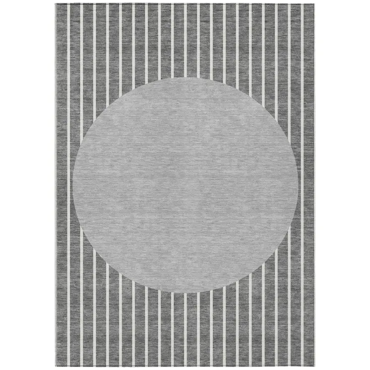 3' X 5' Gray And Ivory Striped Washable Indoor Outdoor Area Rug