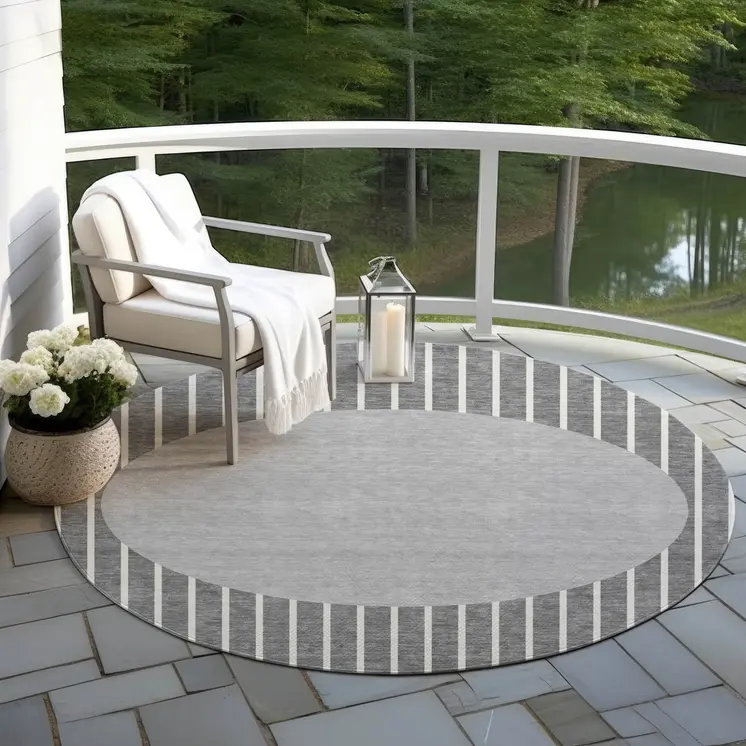 8' Gray And Ivory Round Striped Washable Indoor Outdoor Area Rug