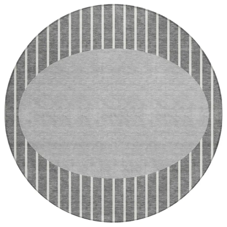 8' Gray And Ivory Round Striped Washable Indoor Outdoor Area Rug