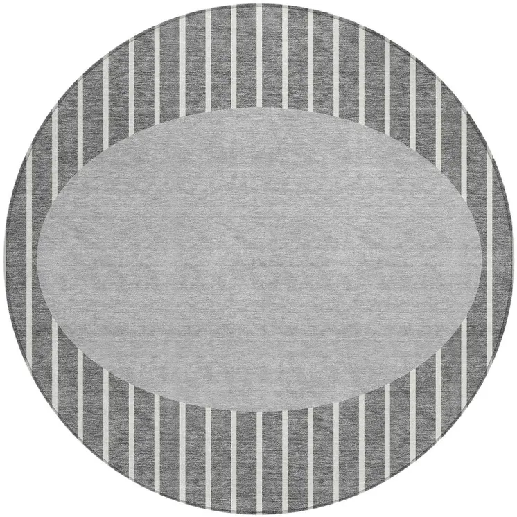 8' Gray And Ivory Round Striped Washable Indoor Outdoor Area Rug