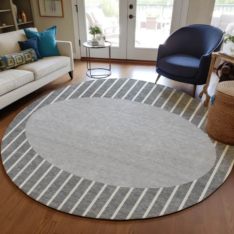 8' Gray And Ivory Round Striped Washable Indoor Outdoor Area Rug