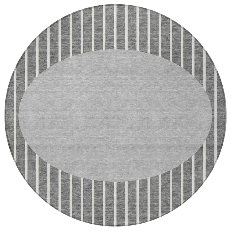 8' Gray And Ivory Round Striped Washable Indoor Outdoor Area Rug