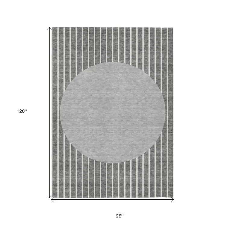 8' X 10' Gray And Ivory Striped Washable Indoor Outdoor Area Rug