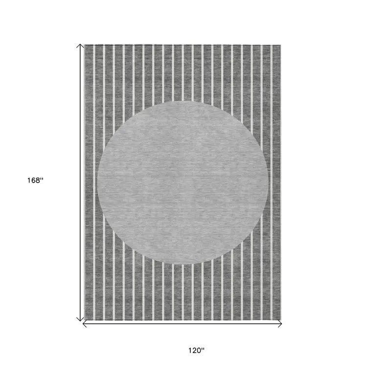 10' X 14' Gray And Ivory Striped Washable Indoor Outdoor Area Rug