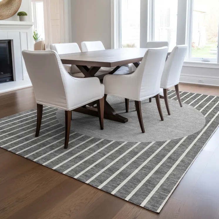 10' X 14' Gray And Ivory Striped Washable Indoor Outdoor Area Rug