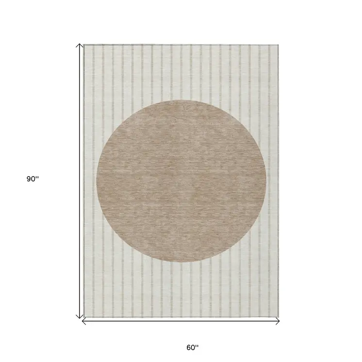 5' X 8' Ivory And Brown Striped Washable Indoor Outdoor Area Rug