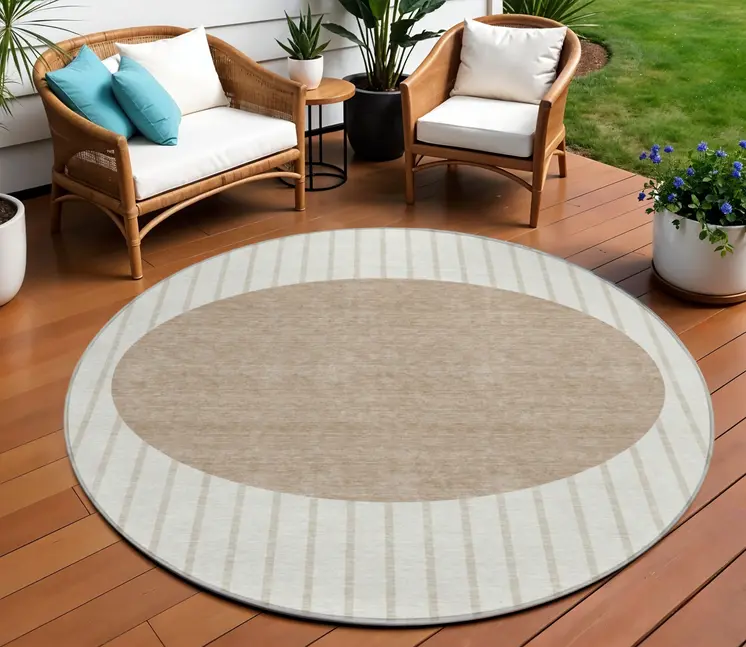 8' Ivory And Brown Round Striped Washable Indoor Outdoor Area Rug