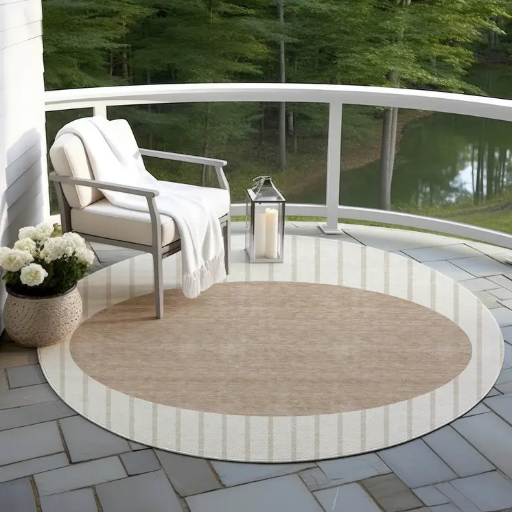 8' Ivory And Brown Round Striped Washable Indoor Outdoor Area Rug