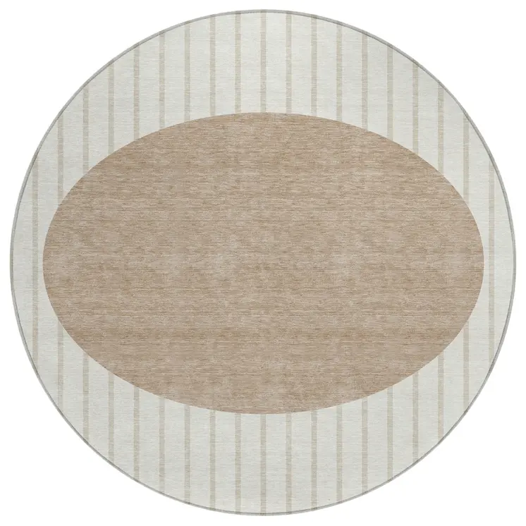 8' Ivory And Brown Round Striped Washable Indoor Outdoor Area Rug