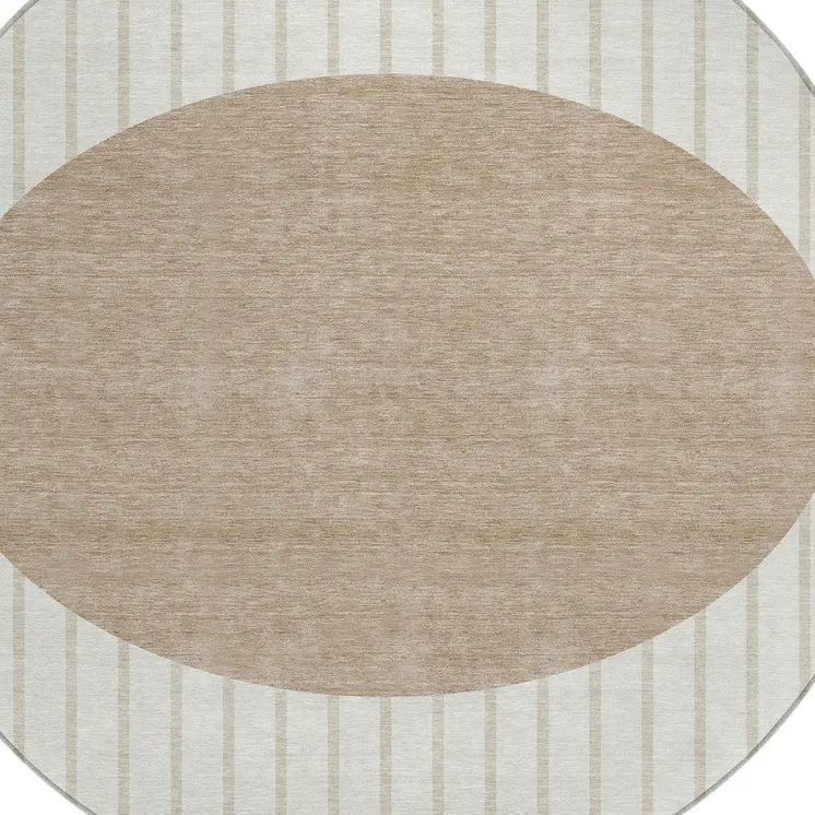 8' Ivory And Brown Round Striped Washable Indoor Outdoor Area Rug