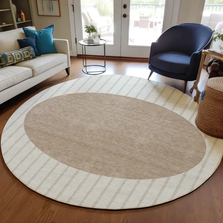 8' Ivory And Brown Round Striped Washable Indoor Outdoor Area Rug
