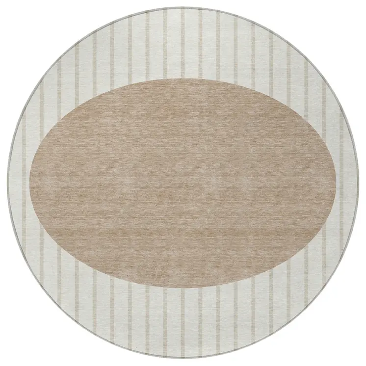8' Ivory And Brown Round Striped Washable Indoor Outdoor Area Rug