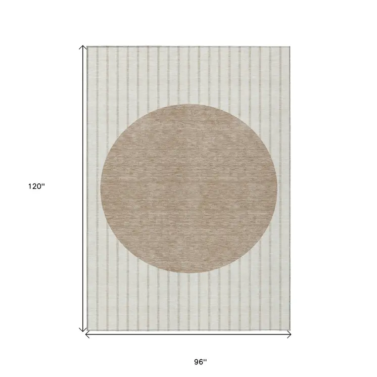 8' X 10' Ivory And Brown Striped Washable Indoor Outdoor Area Rug