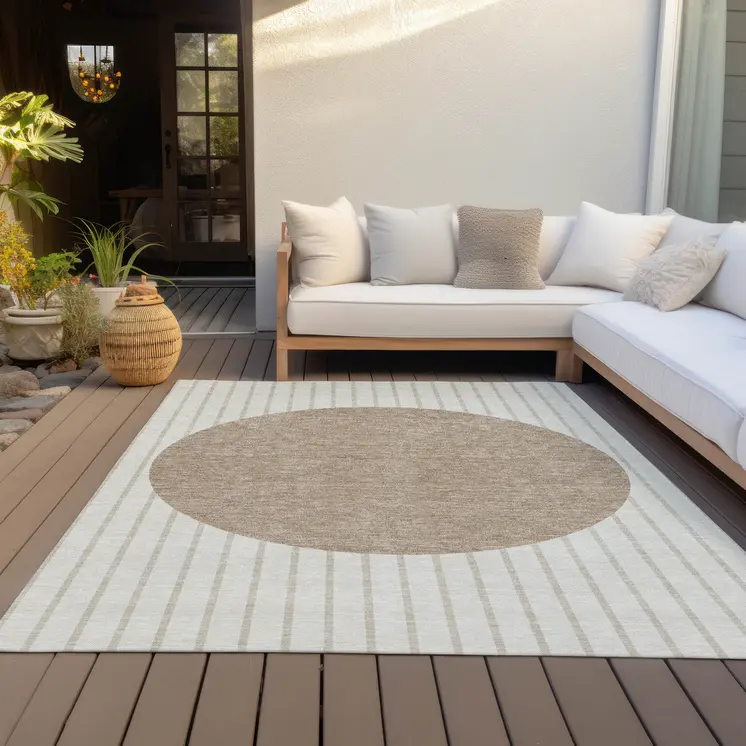 8' X 10' Ivory And Brown Striped Washable Indoor Outdoor Area Rug
