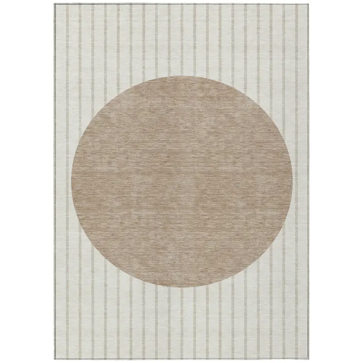 8' X 10' Ivory And Brown Striped Washable Indoor Outdoor Area Rug