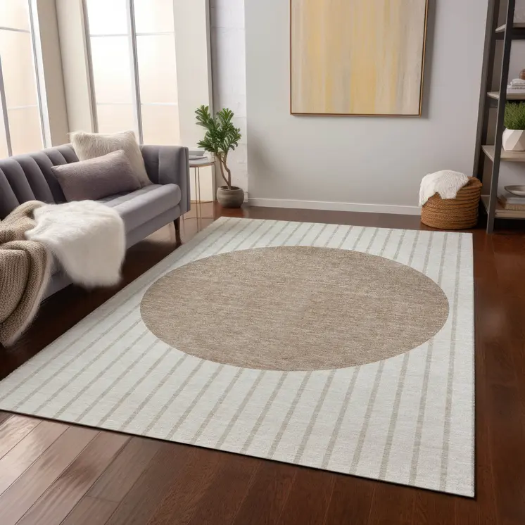 8' X 10' Ivory And Brown Striped Washable Indoor Outdoor Area Rug