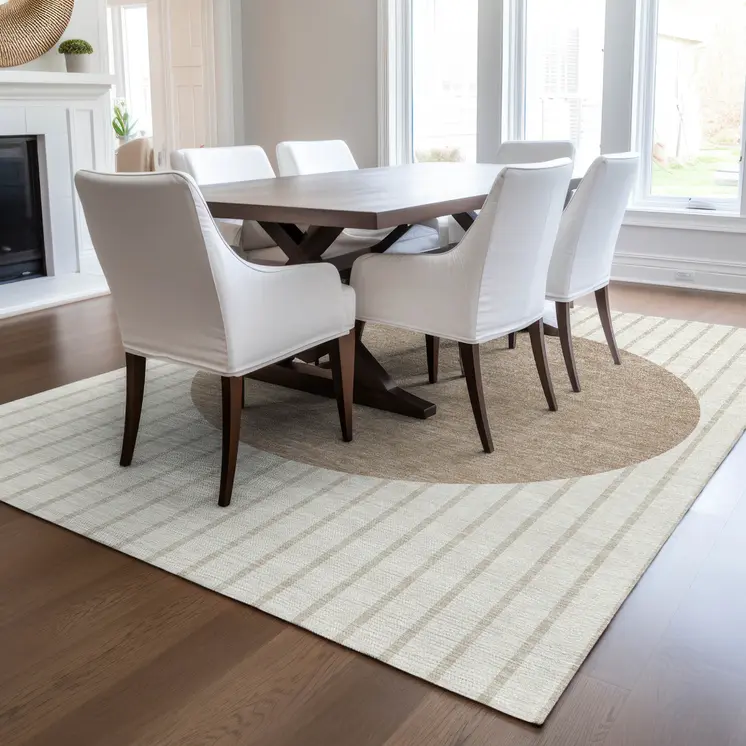 8' X 10' Ivory And Brown Striped Washable Indoor Outdoor Area Rug