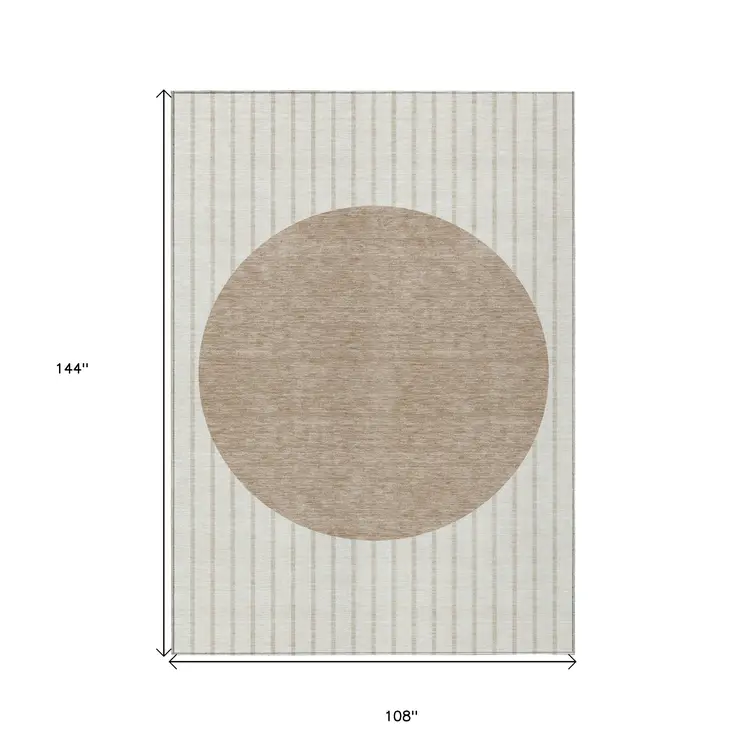 9' X 12' Ivory And Brown Striped Washable Indoor Outdoor Area Rug