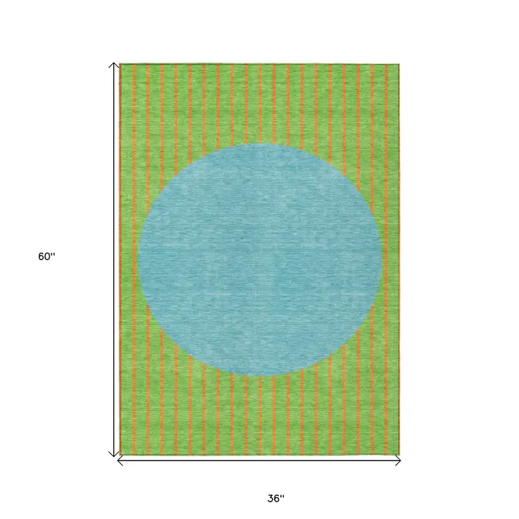 3' X 5' Lime Green And Blue Striped Washable Indoor Outdoor Area Rug