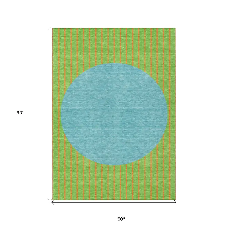 5' X 8' Lime Green And Blue Striped Washable Indoor Outdoor Area Rug