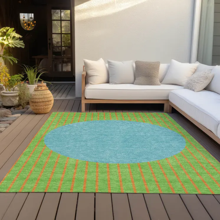 5' X 8' Lime Green And Blue Striped Washable Indoor Outdoor Area Rug